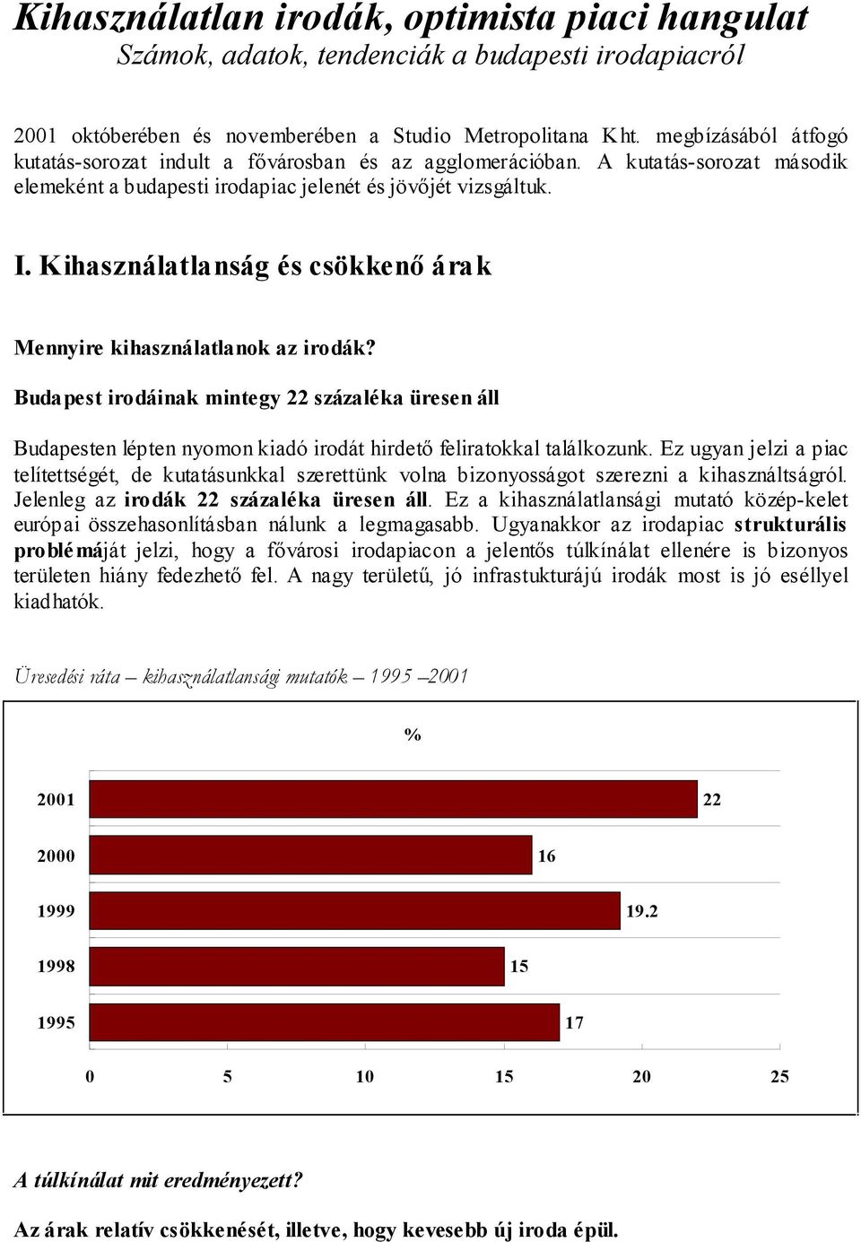 Kihasználatlanság és csökkenõ árak Mennyire kihasználatlanok az irodák? Budapest irodáinak mintegy 22 százaléka üresen áll Budapesten lépten nyomon kiadó irodát hirdetõ feliratokkal találkozunk.