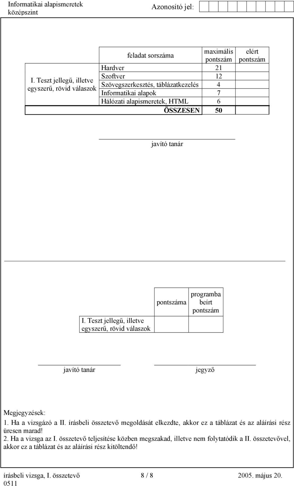Teszt jellegű, illetve egyszerű, rövid válaszok pontszáma programba beírt pontszám javító tanár jegyző Megjegyzések: 1. Ha a vizsgázó a II.