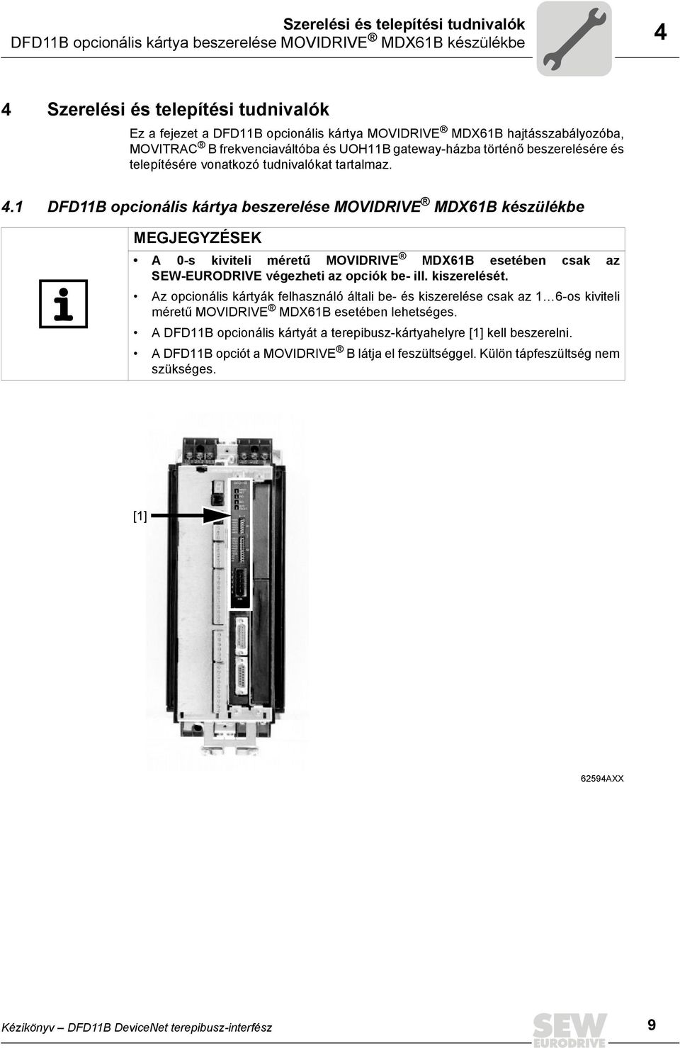 1 DFD11B opcionális kártya beszerelése MOVDRVE MDX61B készülékbe MEGJEGYZÉSEK A -s kiviteli méretű MOVDRVE MDX61B esetében csak az SEW-EURODRVE végezheti az opciók be- ill. kiszerelését.