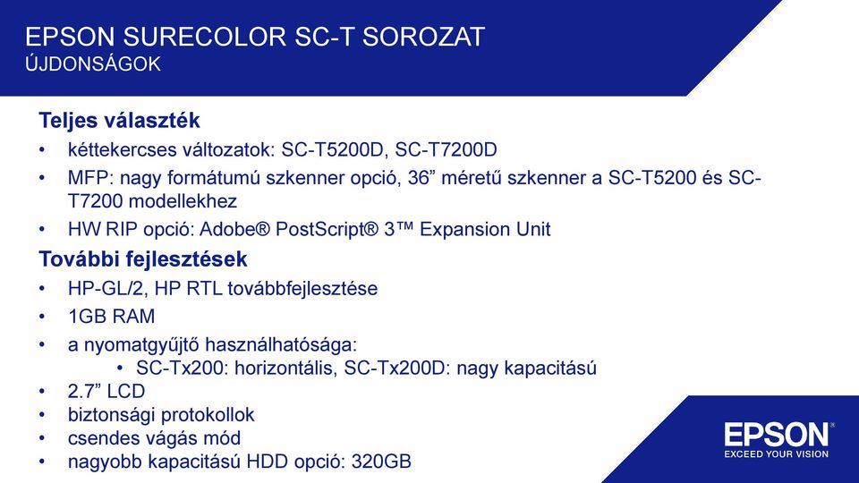 fejlesztések HP-GL/2, HP RTL továbbfejlesztése 1GB RAM a nyomatgyűjtő használhatósága: SC-Tx200: horizontális,