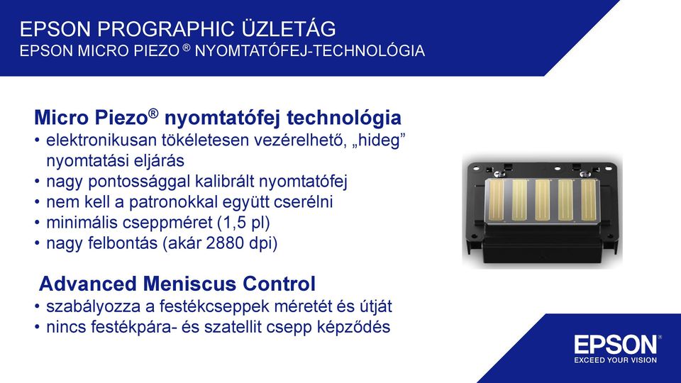 nem kell a patronokkal együtt cserélni minimális cseppméret (1,5 pl) nagy felbontás (akár 2880 dpi)