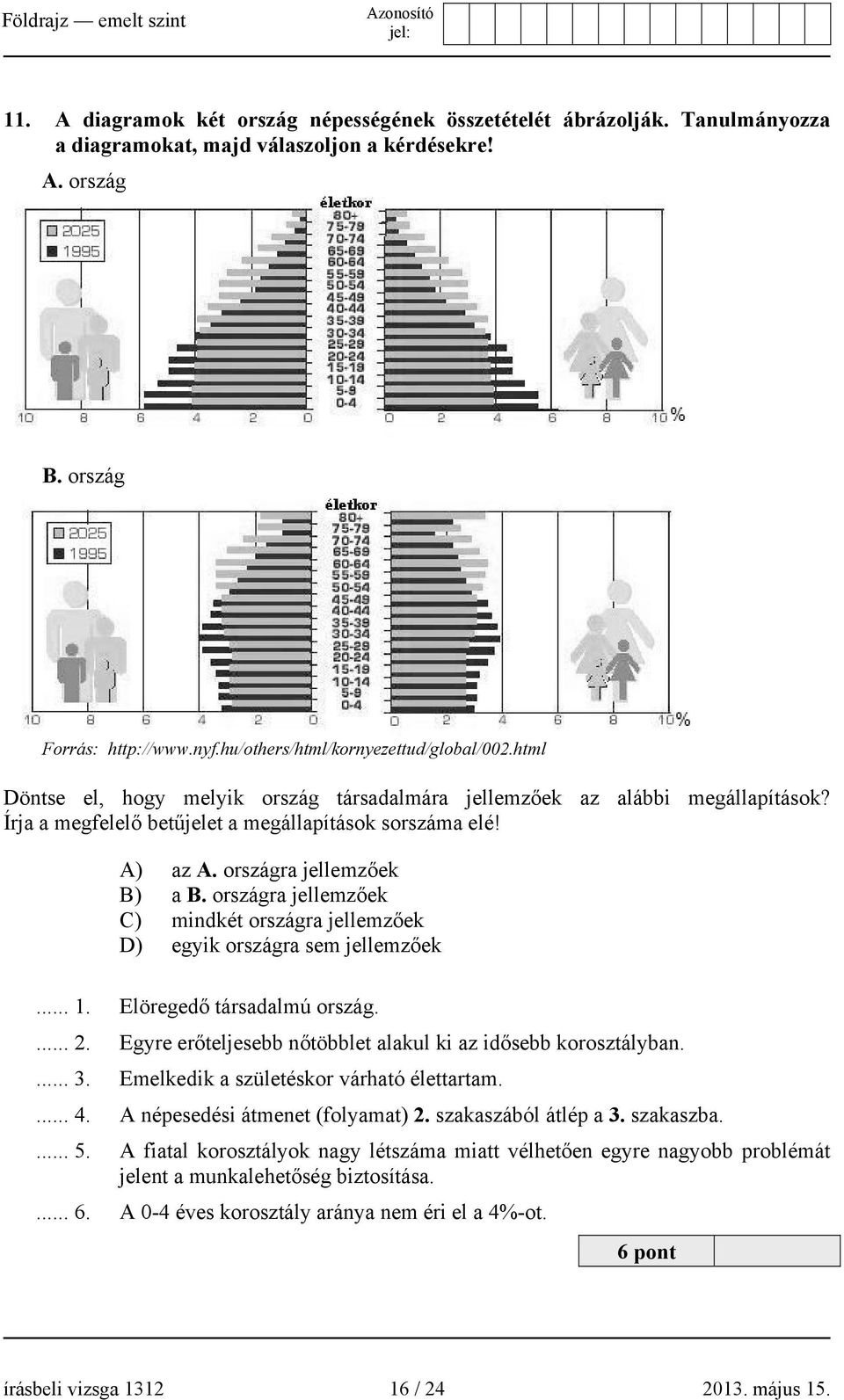 országra jellemzőek B) a B. országra jellemzőek C) mindkét országra jellemzőek D) egyik országra sem jellemzőek... 1. Elöregedő társadalmú ország.... 2.