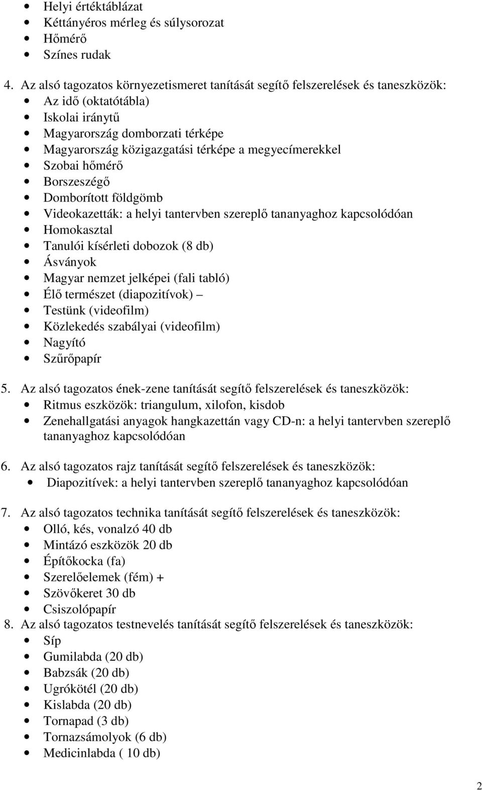 megyecímerekkel Szobai hőmérő Borszeszégő Domborított földgömb Videokazetták: a helyi tantervben szereplő tananyaghoz kapcsolódóan Homokasztal Tanulói kísérleti dobozok (8 db) Ásványok Magyar nemzet