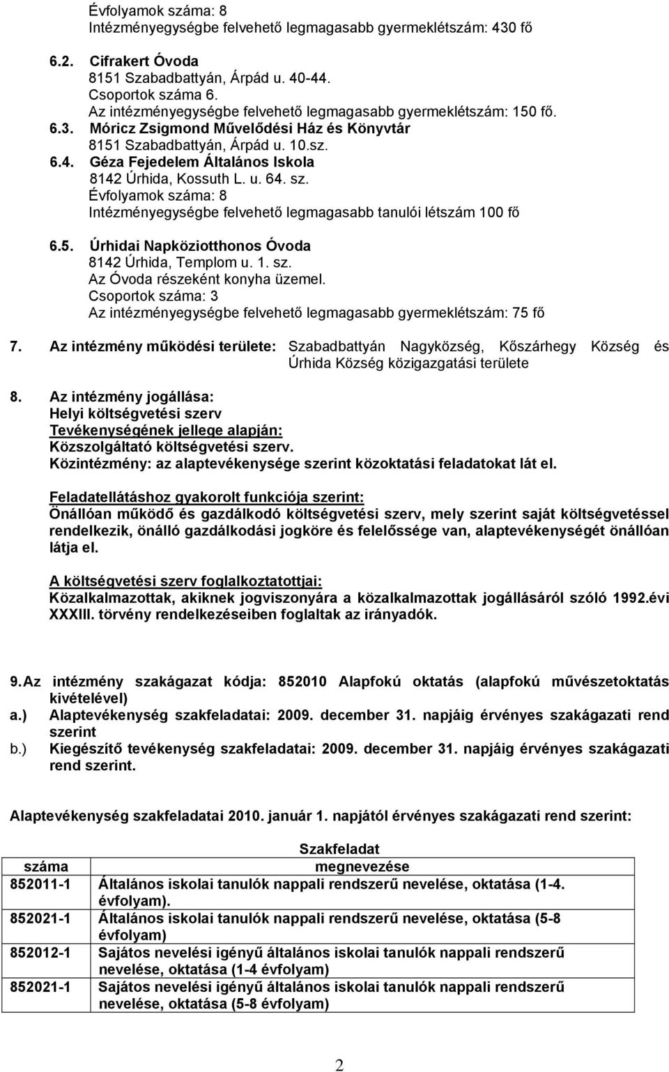 Géza Fejedelem Általános Iskola 8142 Úrhida, Kossuth L. u. 64. sz. Évfolyamok száma: 8 Intézményegységbe felvehető legmagasabb tanulói létszám 100 fő 6.5.