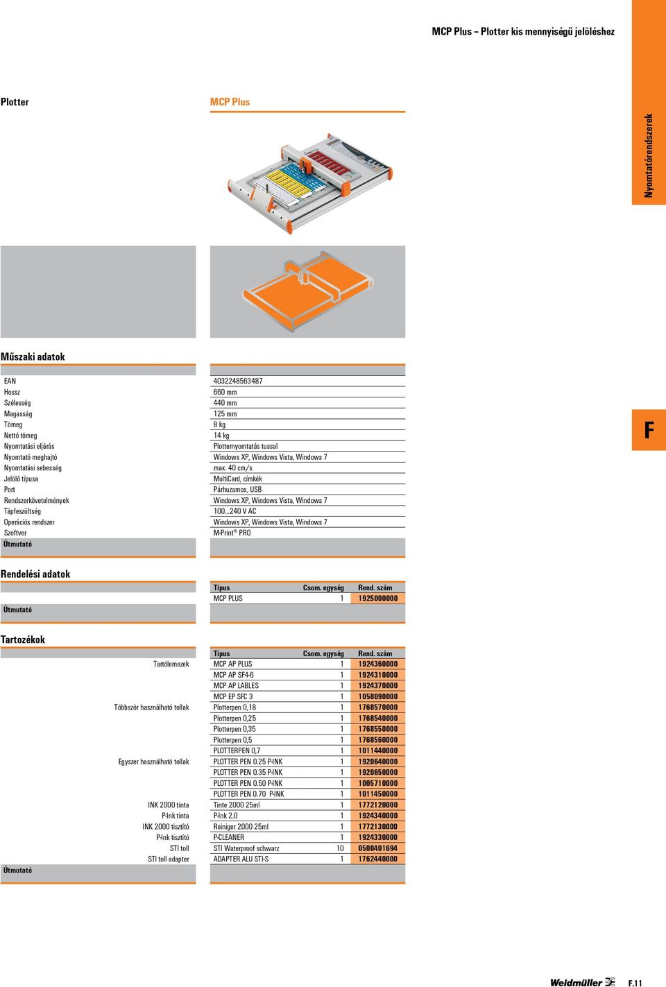40 cm/s MultiCard, címkék Párhuzamos, USB 100 240 V AC M-Print PRO Rendelési adatok MCP PLUS 1 1925000000 Tartozékok Tartólemezek Többször használható tollak Egyszer használható tollak INK 2000 tinta