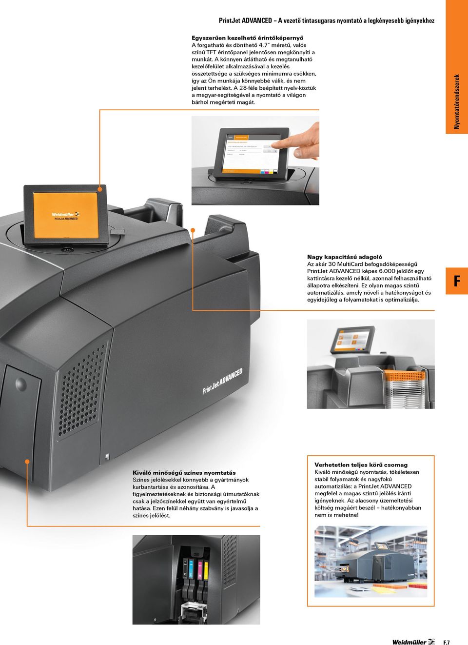 A 28-féle beépített nyelv-köztük a magyar-segítségével a nyomtató a világon bárhol megérteti magát. Nagy kapacitású adagoló Az akár 30 MultiCard befogadóképességű PrintJet ADVANCED képes 6.