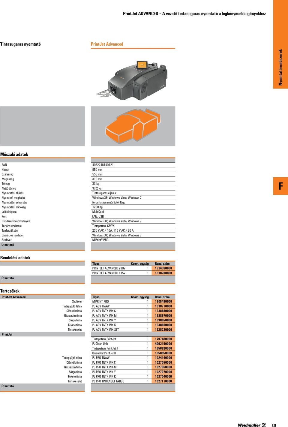 Tintasugaras eljárás Nyomtatási minőségtől függ 1200 dpi MultiCard LAN, USB Tintapatron, CMYK 230 V AC / 16A, 115 V AC / 20 A M-Print PRO Rendelési adatok PRINTJET ADVANCED 230V 1 1324380000 PRINTJET