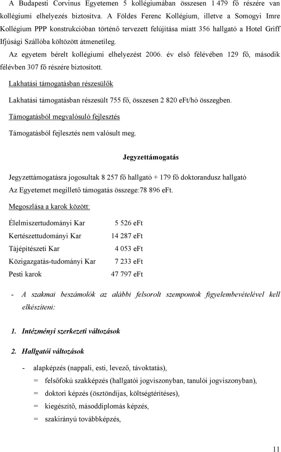 Az egyetem bérelt kollégiumi elhelyezést 2006. év első félévében 129 fő, második félévben 307 fő részére biztosított.