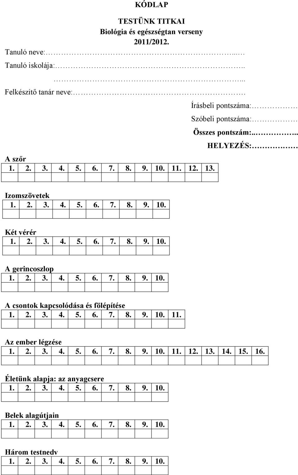 Írásbeli pontszáma: Szóbeli pontszáma: Összes pontszám:.
