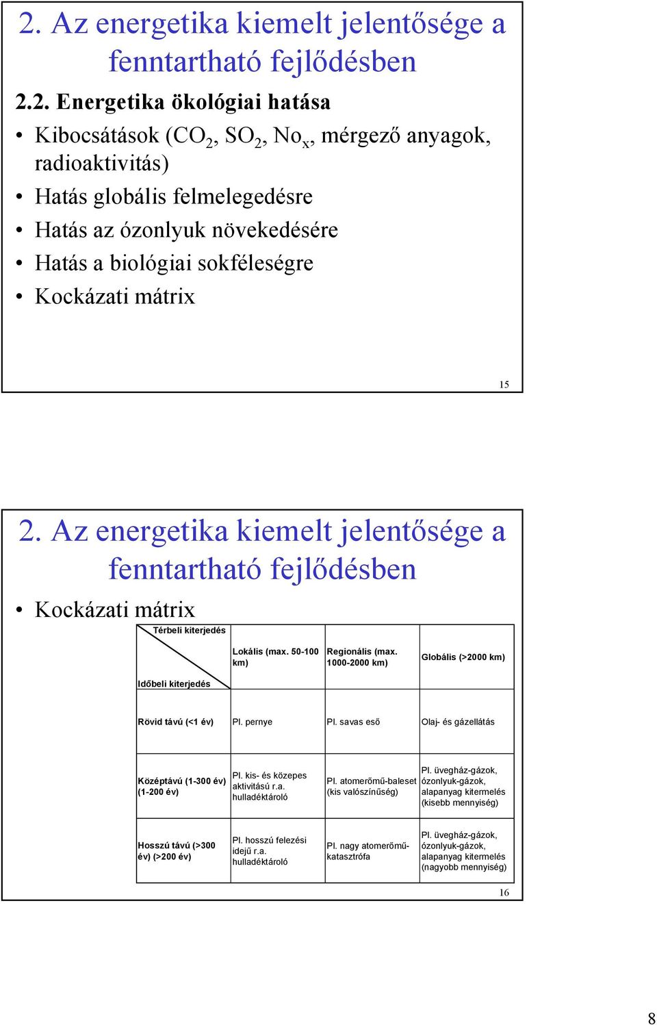 50-100 km) Regionális (max. 1000-2000 km) Globális (>2000 km) Időbeli kiterjedés Rövid távú (<1 év) Pl. pernye Pl. savas eső Olaj- és gázellátás Középtávú (1-300 év) (1-200 év) Pl.