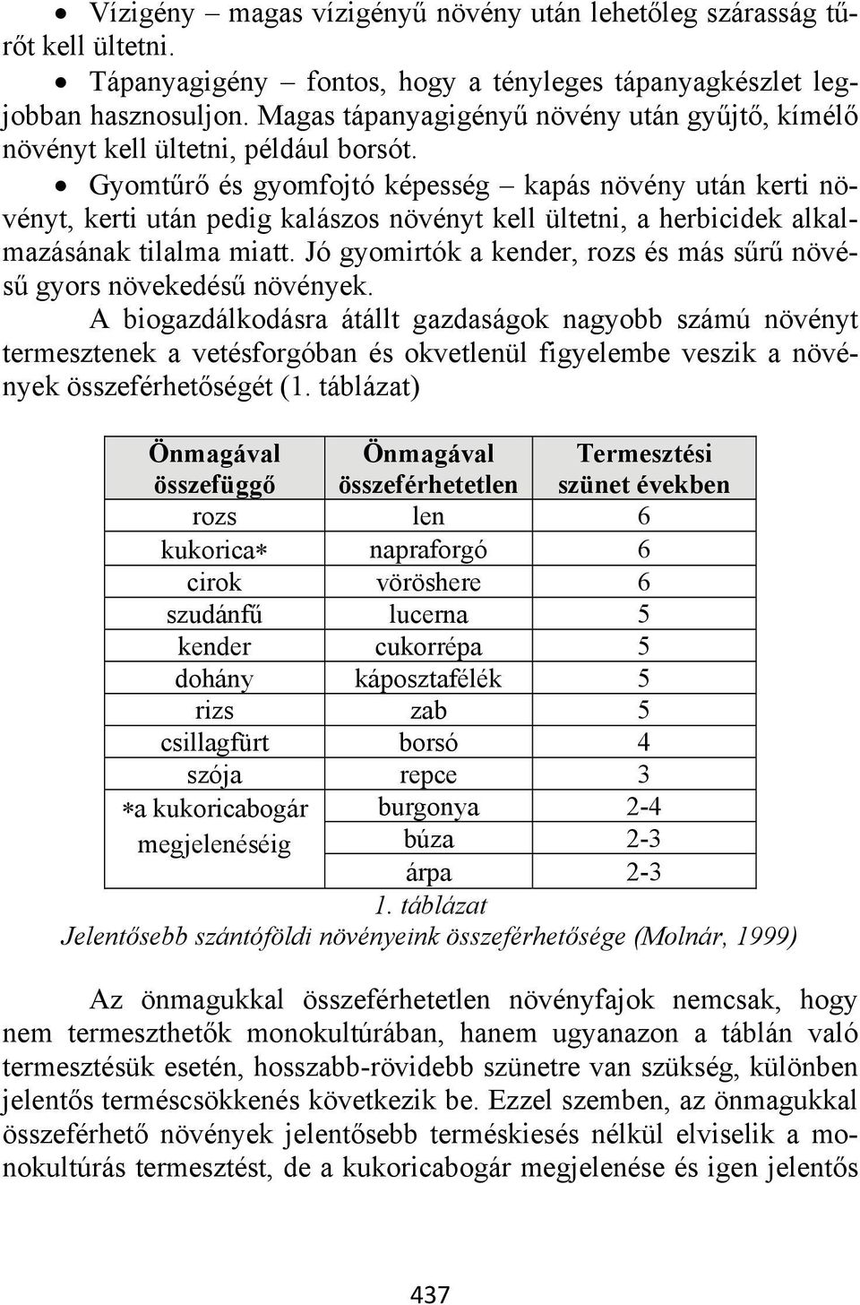 Gyomtűrő és gyomfojtó képesség kapás növény után kerti növényt, kerti után pedig kalászos növényt kell ültetni, a herbicidek alkalmazásának tilalma miatt.