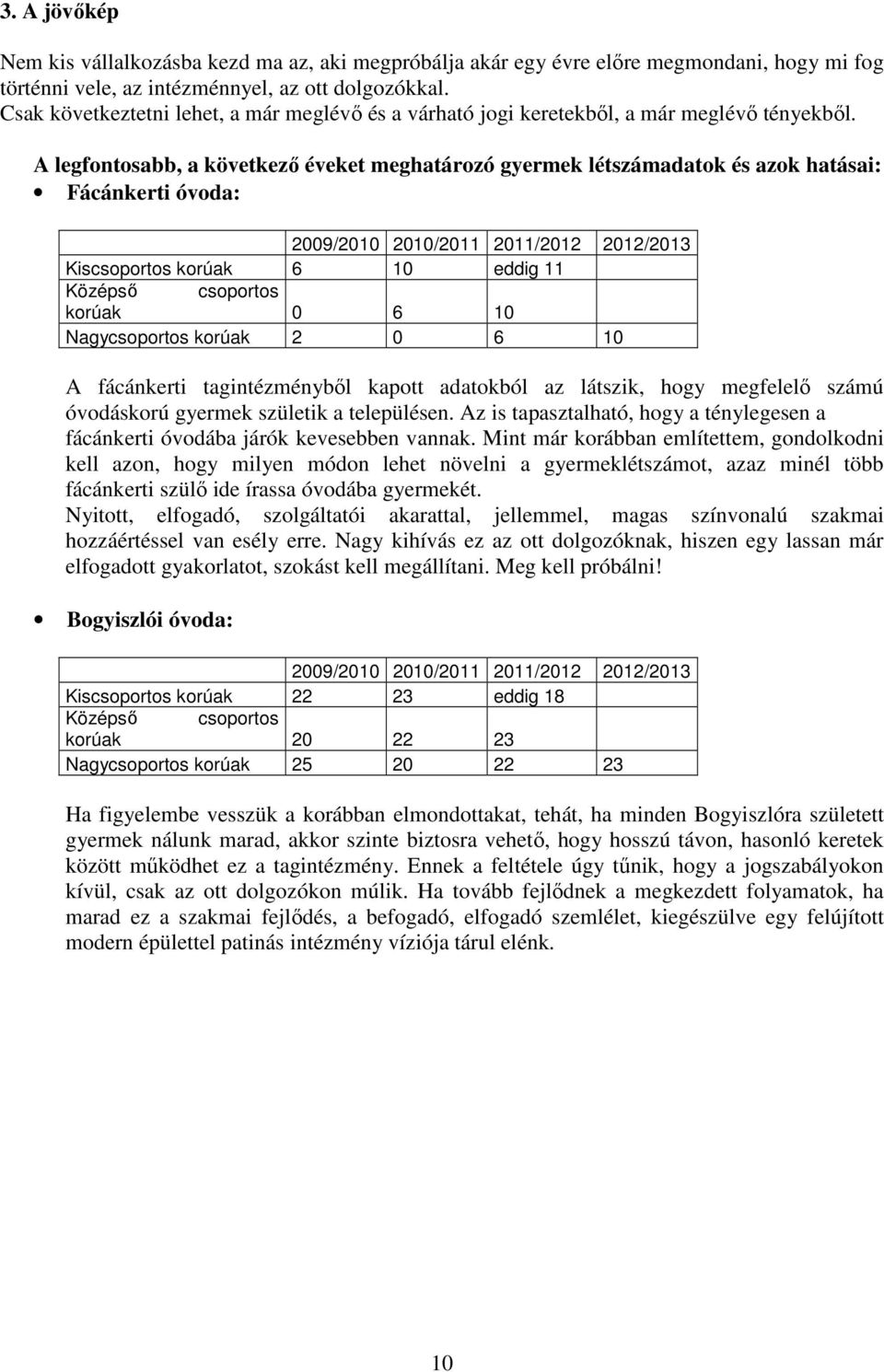 A legfontosabb, a következı éveket meghatározó gyermek létszámadatok és azok hatásai: Fácánkerti óvoda: 2009/2010 2010/2011 2011/2012 2012/2013 Kiscsoportos korúak 6 10 eddig 11 Középsı csoportos