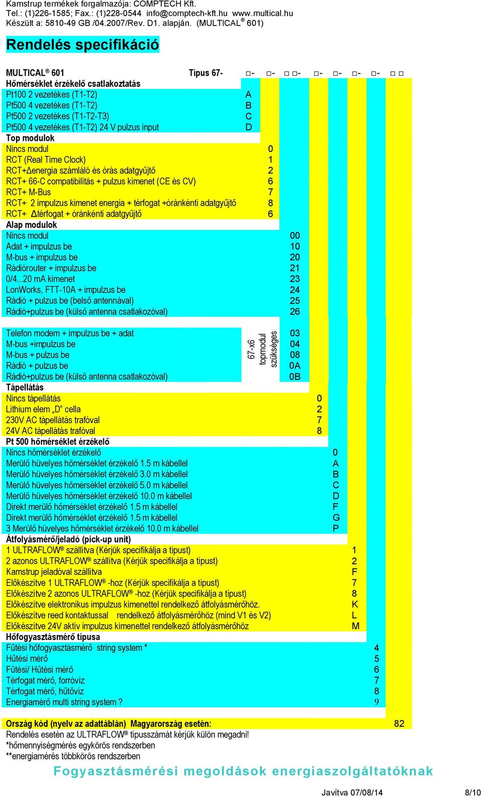 impulzus kimenet energia + térfogat +óránkénti adatgyűjtő 8 RCT+ térfogat + óránkénti adatgyűjtő 6 Alap modulok Nincs modul 00 Adat + impulzus be 10 M-bus + impulzus be 20 Rádiórouter + impulzus be