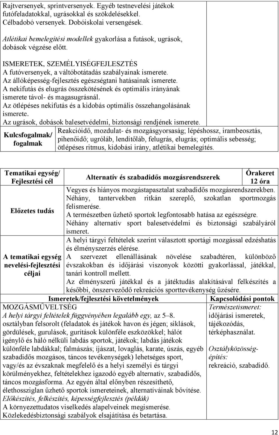 Az állóképesség-fejlesztés egészségtani hatásainak ismerete. A nekifutás és elugrás összekötésének és optimális irányának ismerete távol- és magasugrásnál.