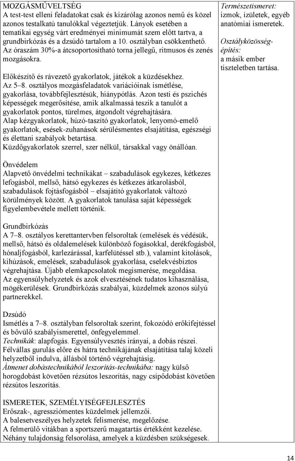 Az óraszám 30%-a átcsoportosítható torna jellegű, ritmusos és zenés mozgásokra. Előkészítő és rávezető gyakorlatok, játékok a küzdésekhez. Az 5 8.