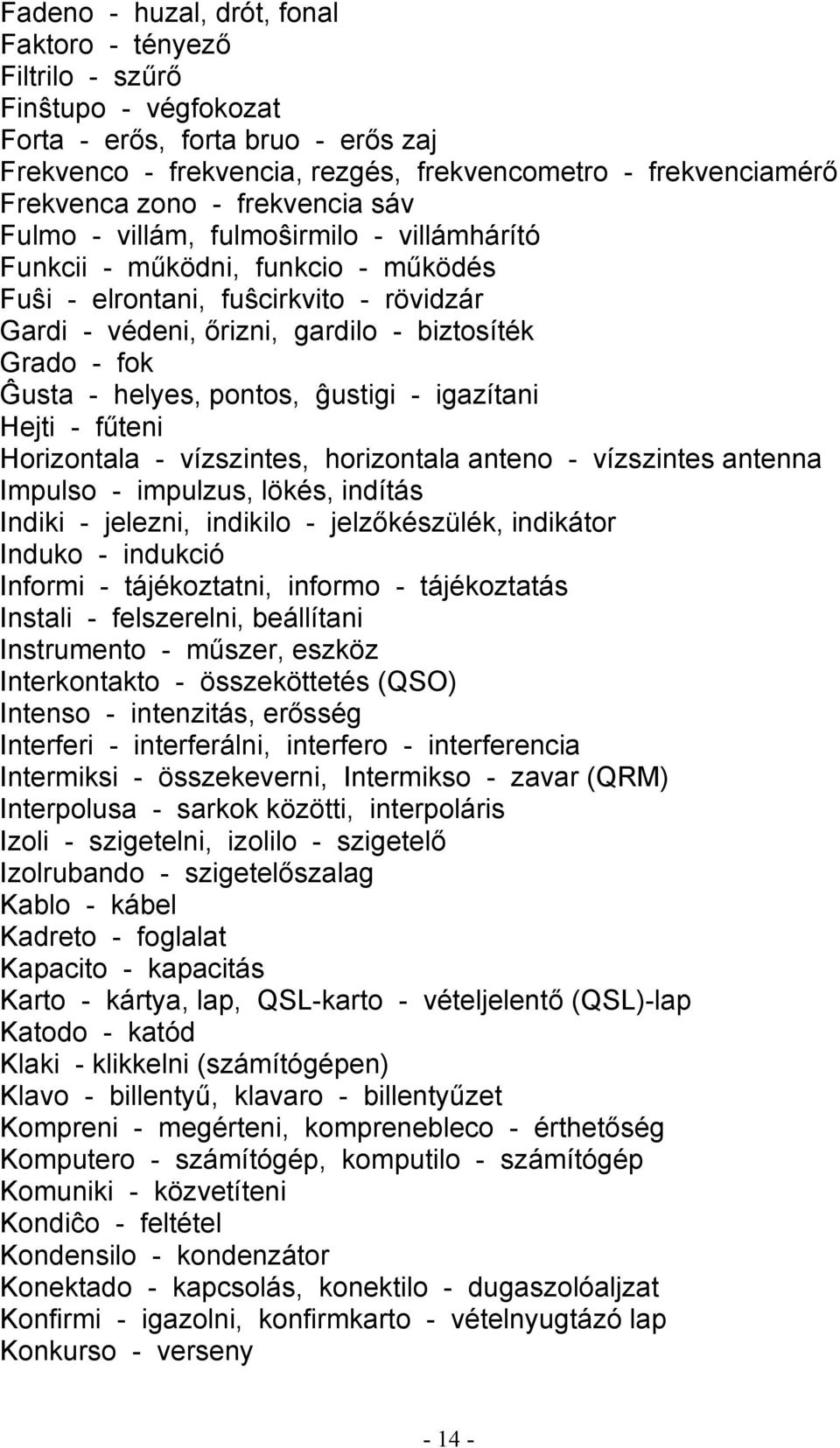 Ĝusta - helyes, pontos, ĝustigi - igazítani Hejti - fűteni Horizontala - vízszintes, horizontala anteno - vízszintes antenna Impulso - impulzus, lökés, indítás Indiki - jelezni, indikilo -