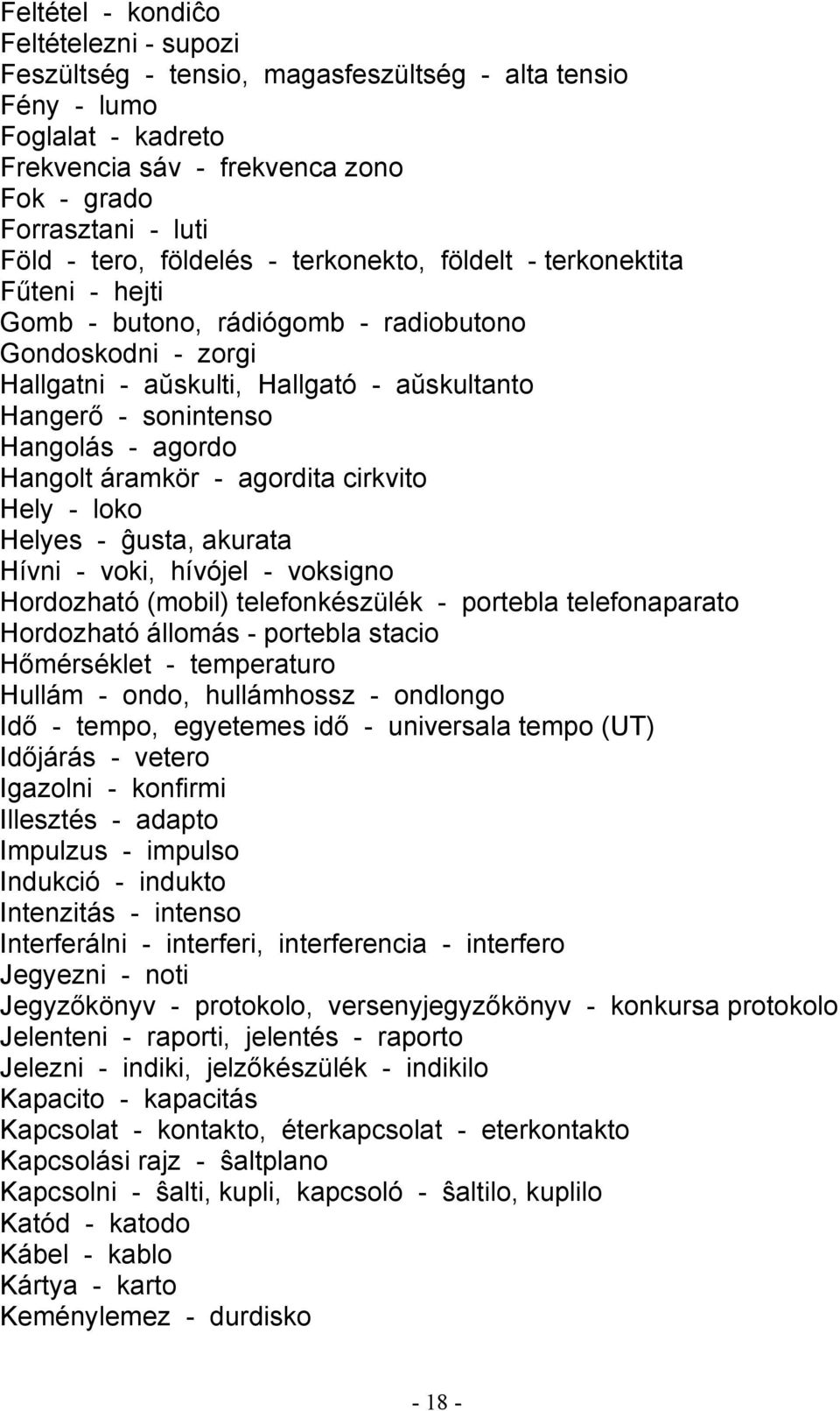 agordo Hangolt áramkör - agordita cirkvito Hely - loko Helyes - ĝusta, akurata Hívni - voki, hívójel - voksigno Hordozható (mobil) telefonkészülék - portebla telefonaparato Hordozható állomás -