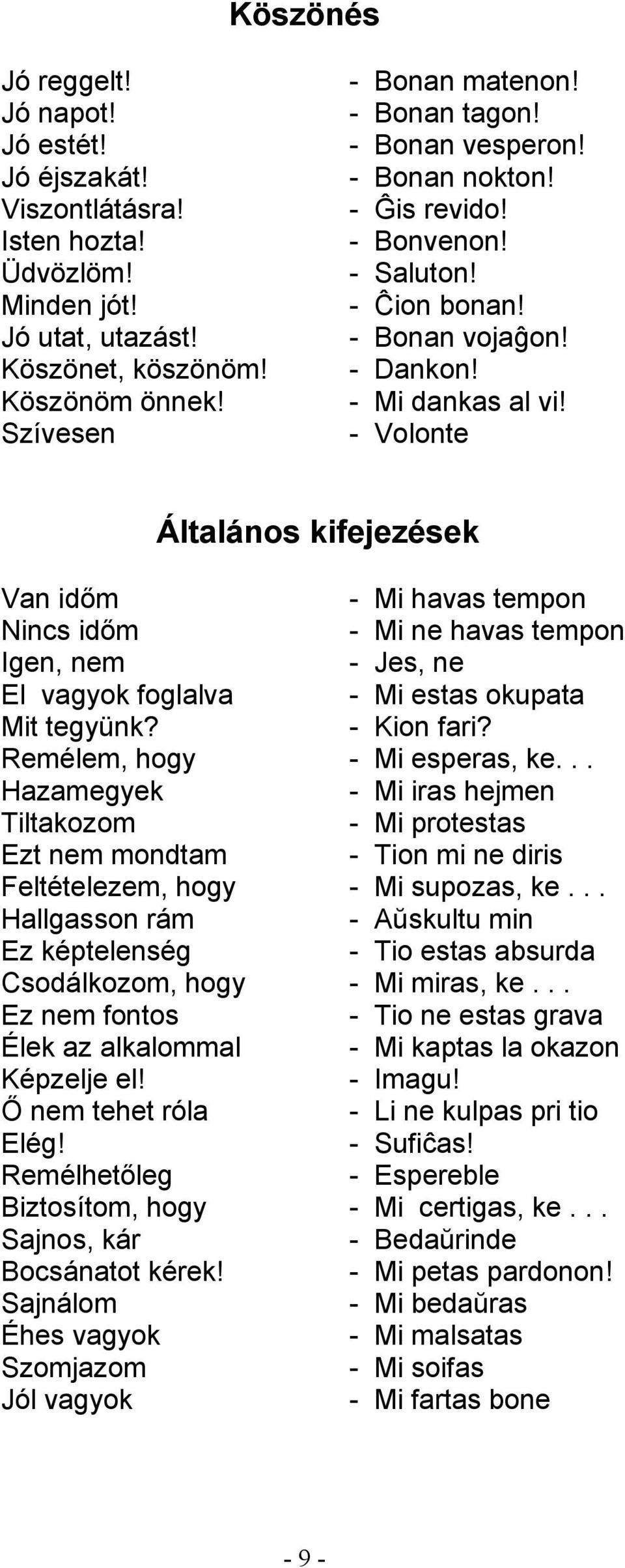 - Volonte Általános kifejezések Van időm - Mi havas tempon Nincs időm - Mi ne havas tempon Igen, nem - Jes, ne El vagyok foglalva - Mi estas okupata Mit tegyünk? - Kion fari?