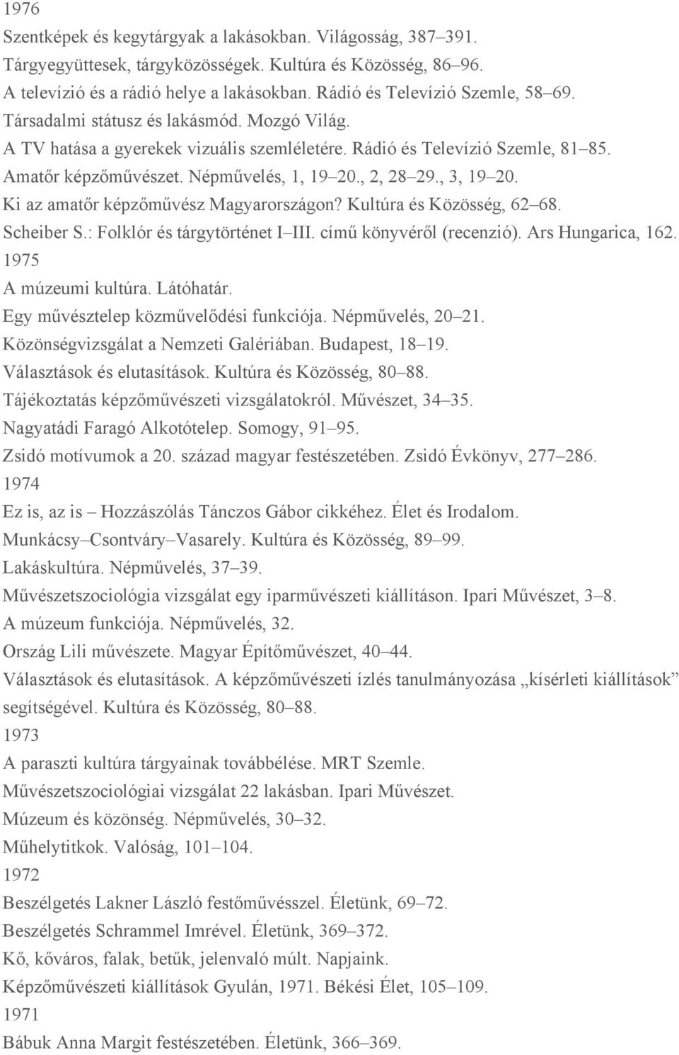 Népművelés, 1, 19 20., 2, 28 29., 3, 19 20. Ki az amatőr képzőművész Magyarországon? Kultúra és Közösség, 62 68. Scheiber S.: Folklór és tárgytörténet I III. című könyvéről (recenzió).