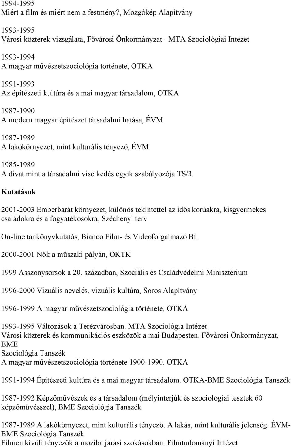 a mai magyar társadalom, OTKA 1987-1990 A modern magyar építészet társadalmi hatása, ÉVM 1987-1989 A lakókörnyezet, mint kulturális tényező, ÉVM 1985-1989 A divat mint a társadalmi viselkedés egyik