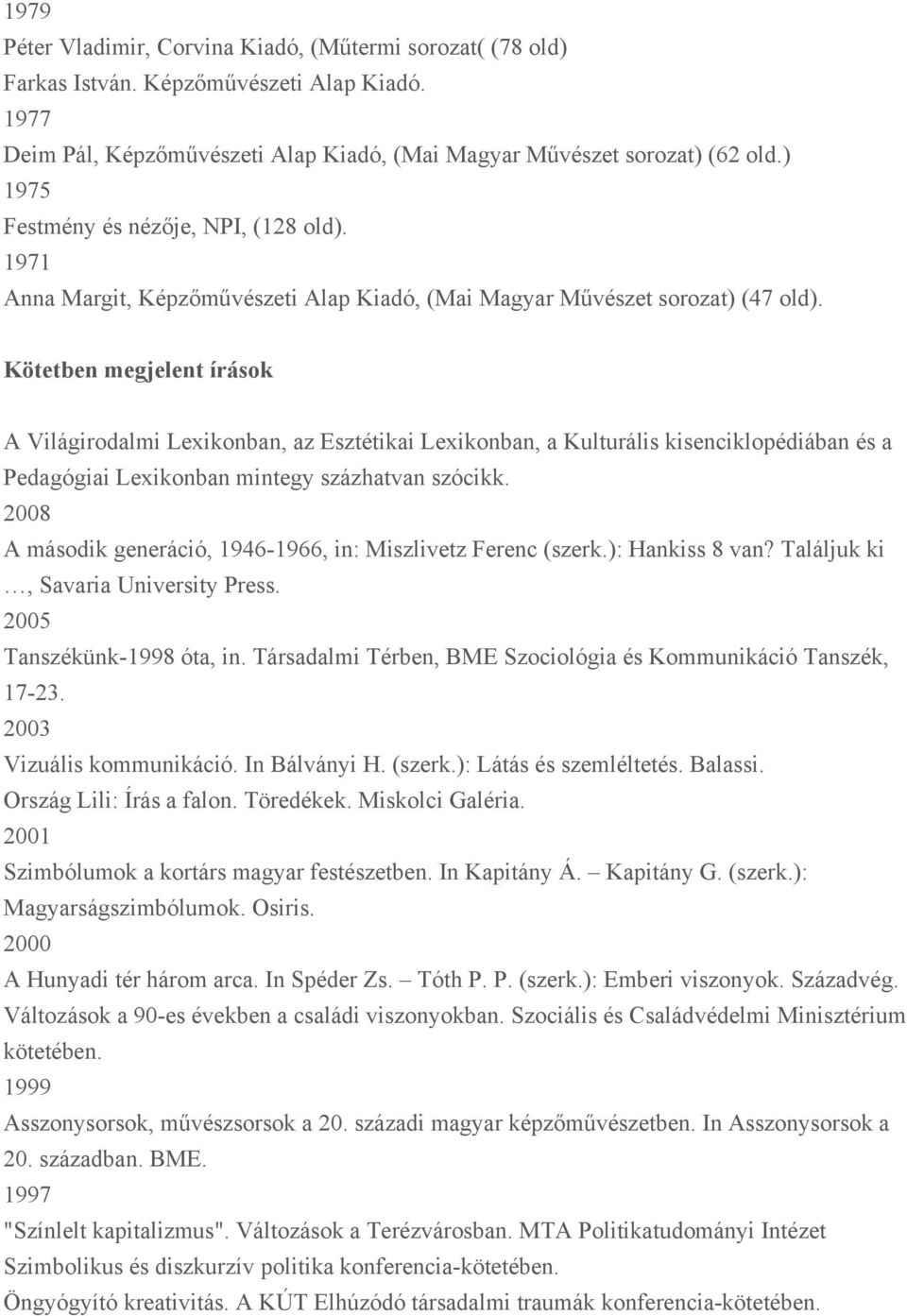 Kötetben megjelent írások A Világirodalmi Lexikonban, az Esztétikai Lexikonban, a Kulturális kisenciklopédiában és a Pedagógiai Lexikonban mintegy százhatvan szócikk.