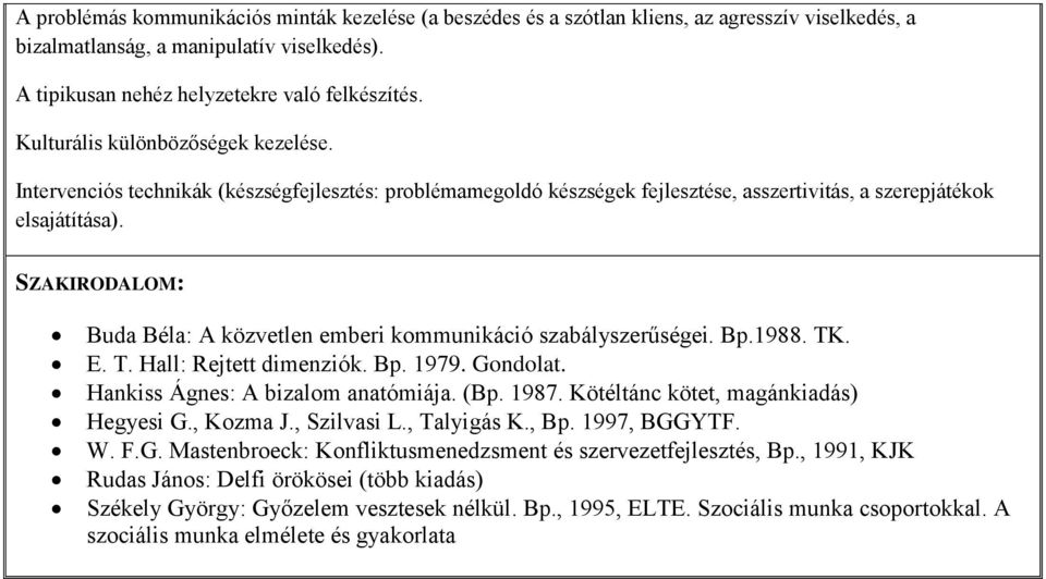 Buda Béla: A közvetlen emberi kommunikáció szabályszerűségei. Bp.1988. TK. E. T. Hall: Rejtett dimenziók. Bp. 1979. Gondolat. Hankiss Ágnes: A bizalom anatómiája. (Bp. 1987.