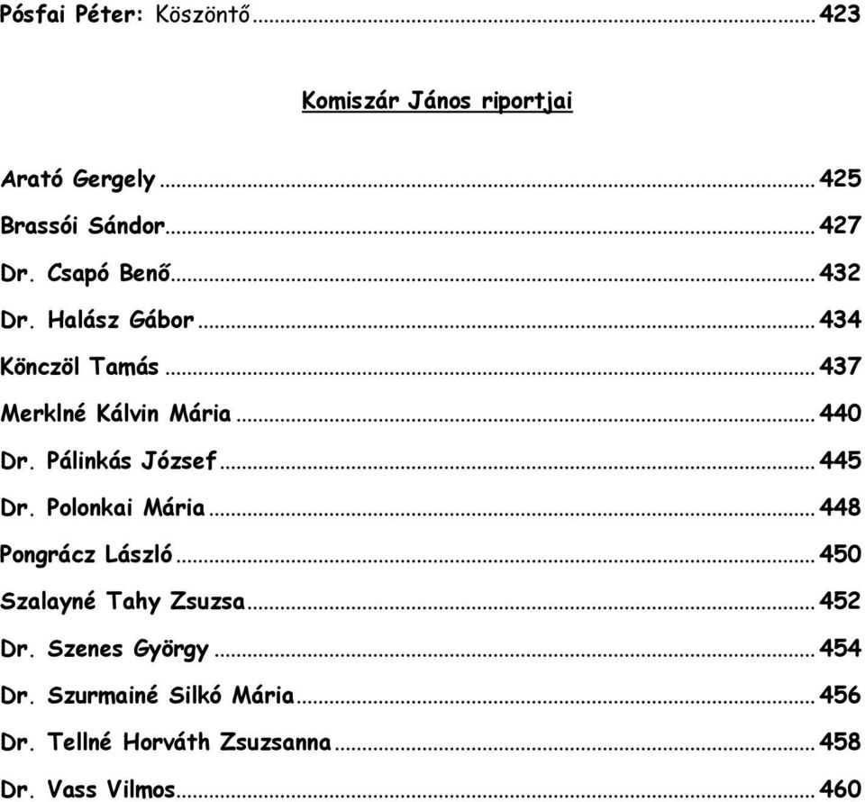 Pálinkás József... 445 Dr. Polonkai Mária... 448 Pongrácz László... 450 Szalayné Tahy Zsuzsa... 452 Dr.