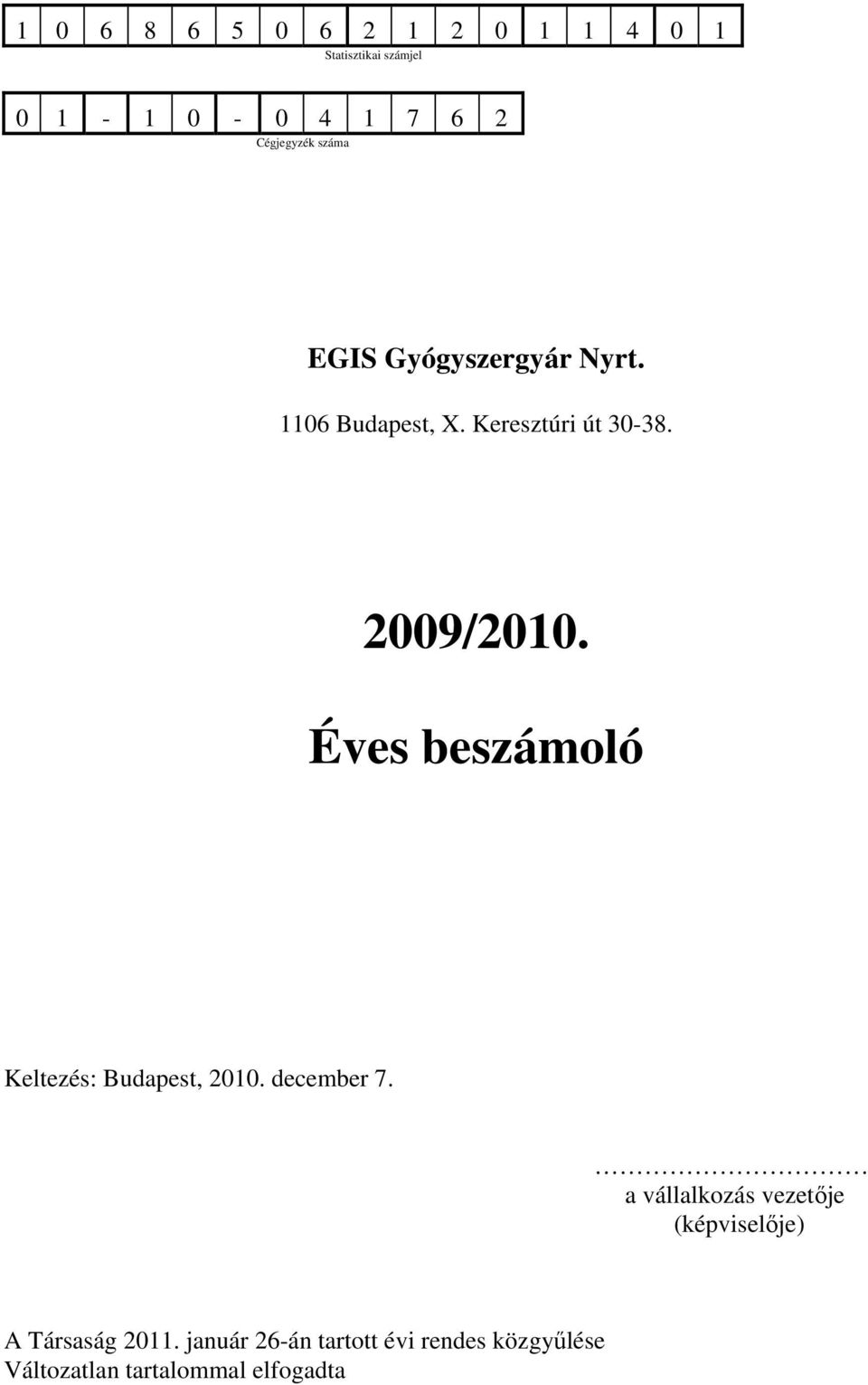 Éves beszámoló Keltezés: Budapest, 2010. december 7.