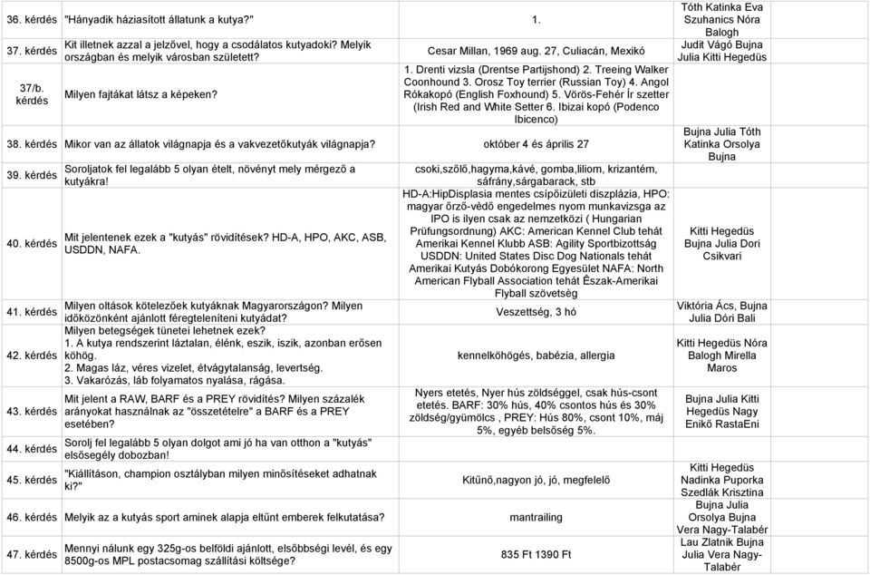 Angol Rókakopó (English Foxhound) 5. Vörös-Fehér Ír szetter (Irish Red and White Setter 6. Ibizai kopó (Podenco Ibicenco) 38. kérdés Mikor van az állatok világnapja és a vakvezetőkutyák világnapja?