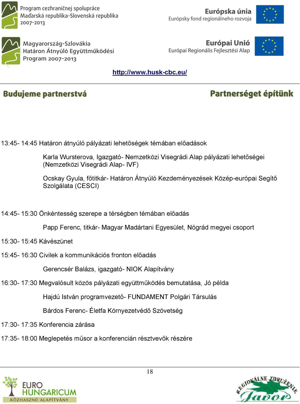 megyei csoport 15:30-15:45 Kávészünet 15:45-16:30 Civilek a kommunikációs fronton előadás Gerencsér Balázs, igazgató- NIOK Alapítvány 16:30-17:30 Megvalósult közös pályázati együttműködés