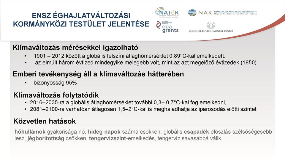 folytatódik 2016 2035-ra a globális átlaghőmérséklet további 0,3 0,7 C-kal fog emelkedni, 2081 2100-ra várhatóan átlagosan 1,5 2 C-kal is meghaladhatja az iparosodás előtti