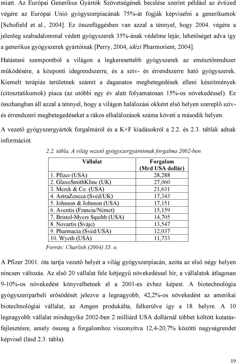 végére a jelenleg szabadalommal védett gyógyszerek 35%-ának védelme lejár, lehetőséget adva így a generikus gyógyszerek gyártóinak [Perry, 2004, idézi Pharmorient, 2004].