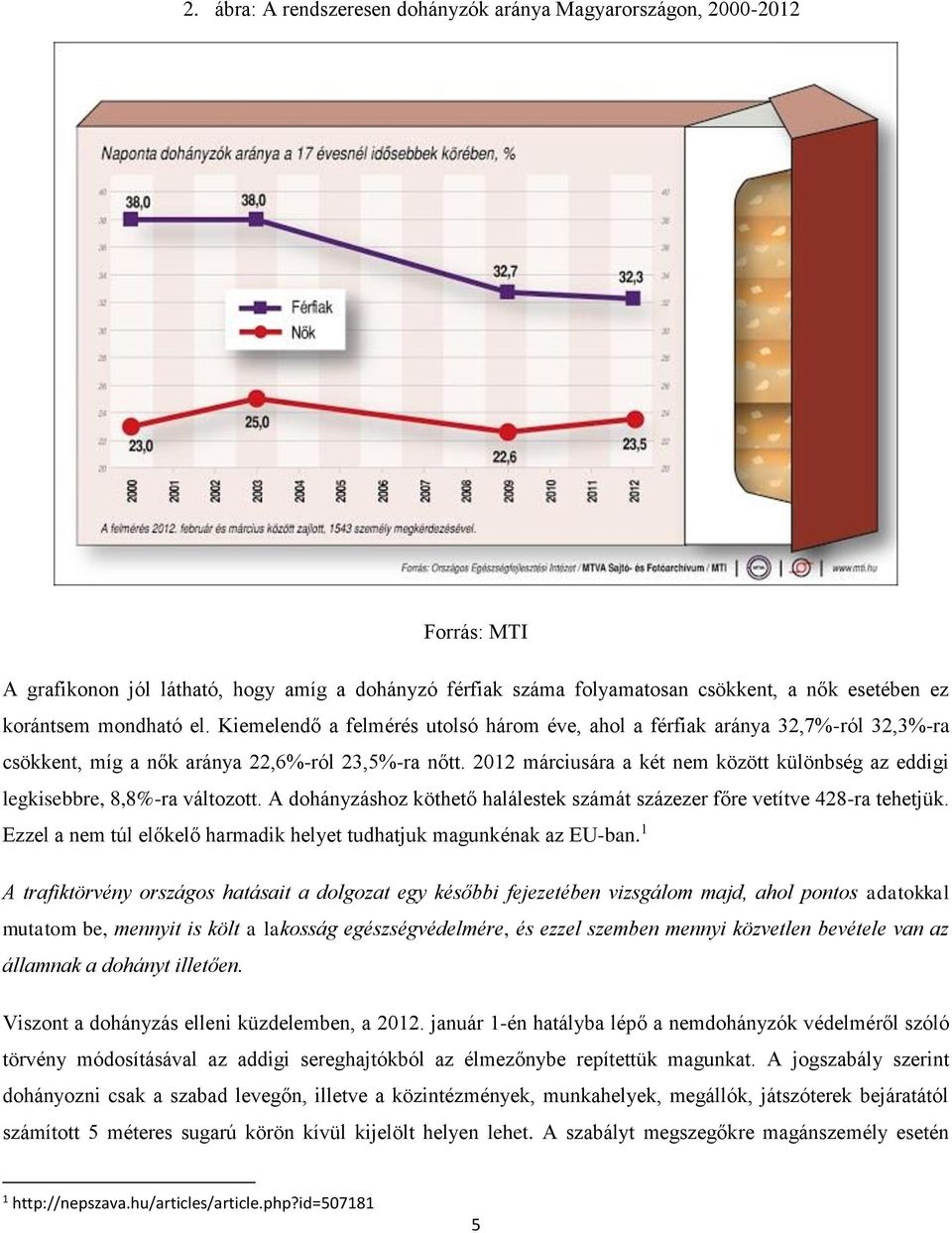 2012 márciusára a két nem között különbség az eddigi legkisebbre, 8,8%-ra változott. A dohányzáshoz köthető halálestek számát százezer főre vetítve 428-ra tehetjük.