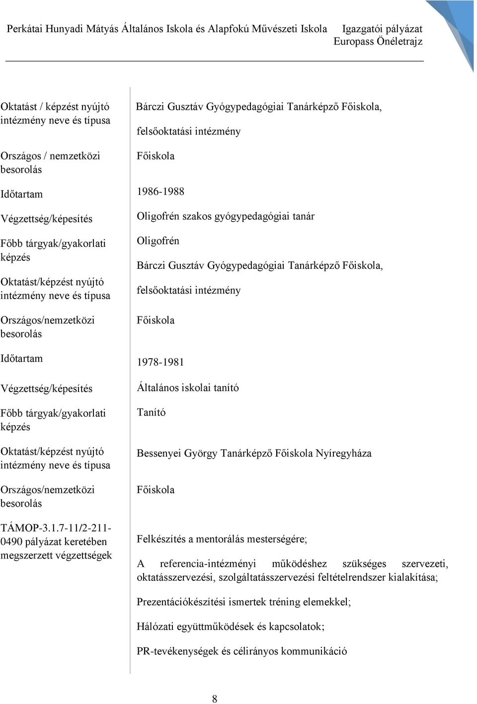 képzés Oktatást/képzést nyújtó intézmény neve és típusa Országos/nemzetközi besorolás TÁMOP-3.1.