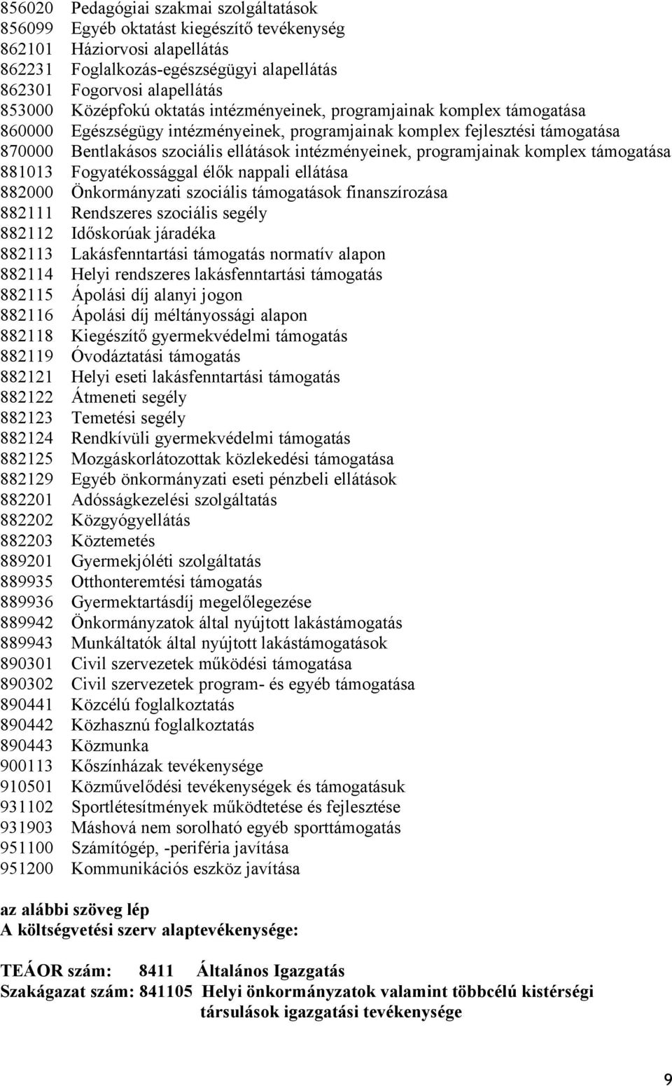 intézményeinek, programjainak komplex támogatása 881013 Fogyatékossággal élők nappali ellátása 882000 Önkormányzati szociális támogatások finanszírozása 882111 Rendszeres szociális segély 882112