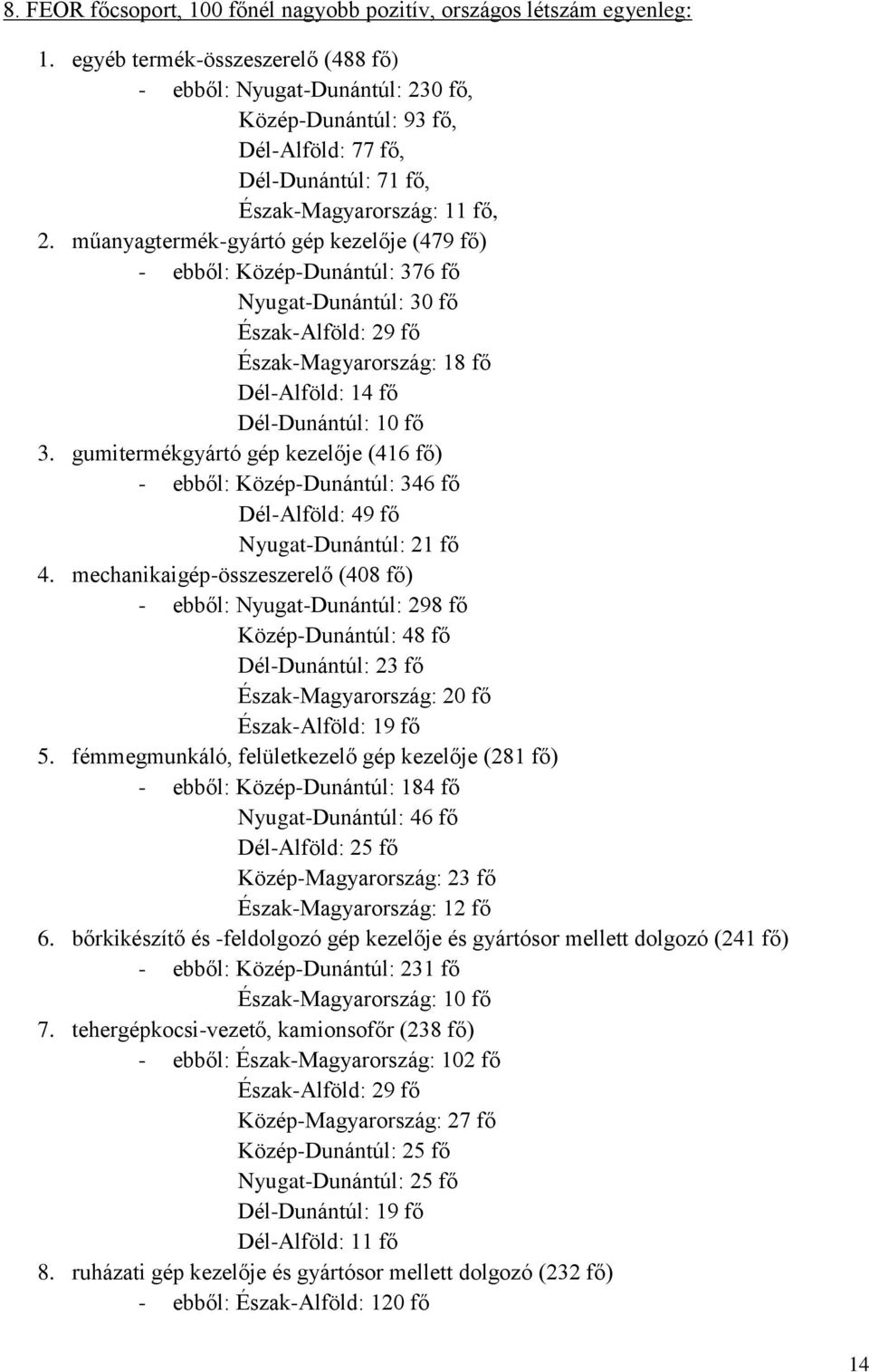 műanyagtermék-gyártó gép kezelője (479 fő) - ebből: Közép-Dunántúl: 376 fő Nyugat-Dunántúl: 30 fő Észak-Alföld: 29 fő Észak-Magyarország: 18 fő Dél-Alföld: 14 fő Dél-Dunántúl: 10 fő 3.