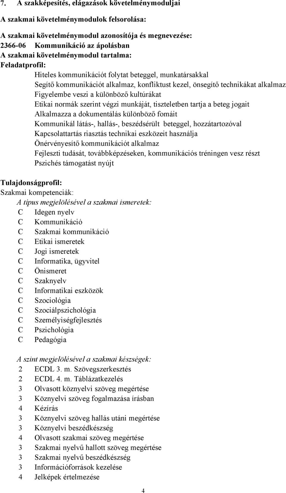 különböző kultúrákat Etikai normák szerint végzi munkáját, tiszteletben tartja a beteg jogait Alkalmazza a dokumentálás különböző fomáit Kommunikál látás-, hallás-, beszédsérült beteggel,