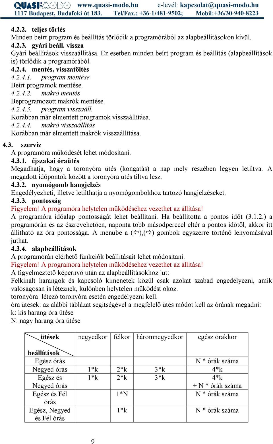 4.2.4.3. program visszaáll. Korábban már elmentett programok visszaállítása. 4.2.4.4. makró visszaállítás Korábban már elmentett makrók visszaállítása. 4.3. szerviz A programóra működését lehet módosítani.