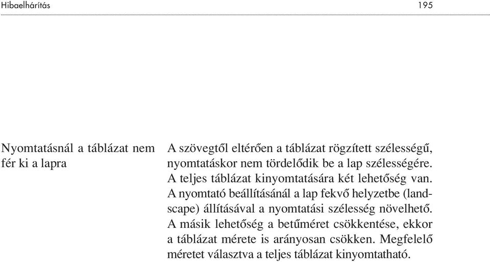 A nyomtató beállításánál a lap fekvô helyzetbe (landscape) állításával a nyomtatási szélesség növelhetô.