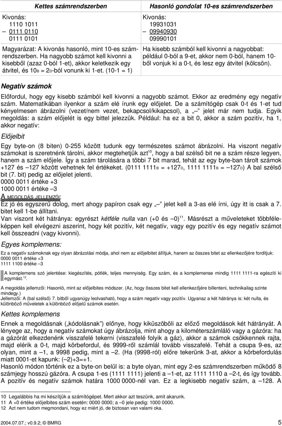 (10 1 = 1) Hasonló gondolat 10 es számrendszerben Kivonás: 19931031 09940930 09990101 Ha kisebb számból kell kivonni a nagyobbat: például 0 ból a 9 et, akkor nem 0 ból, hanem 10 ből vonjuk ki a 0 t,