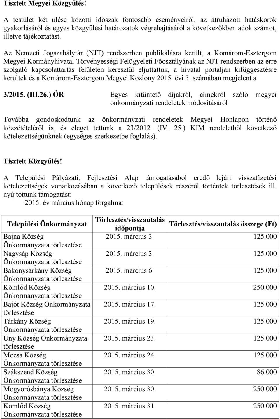 Az Nemzeti Jogszabálytár (NJT) rendszerben publikálásra került, a Komárom-Esztergom Megyei Kormányhivatal Törvényességi Felügyeleti Főosztályának az NJT rendszerben az erre szolgáló kapcsolattartás