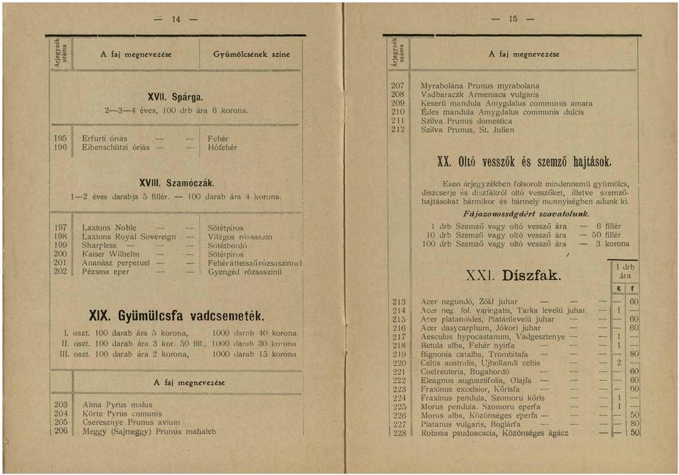 Gyengéd rózsaszinü XX Gyümülcsfa vadcsemeték oszt 00 darab ára 5 korona 000 darab 40 korona ll oszt 00 darab ára 3 kor 50 fill 000 darab 30 kwona oszt 00 darab ára 2 korona 000 darab 5 korona