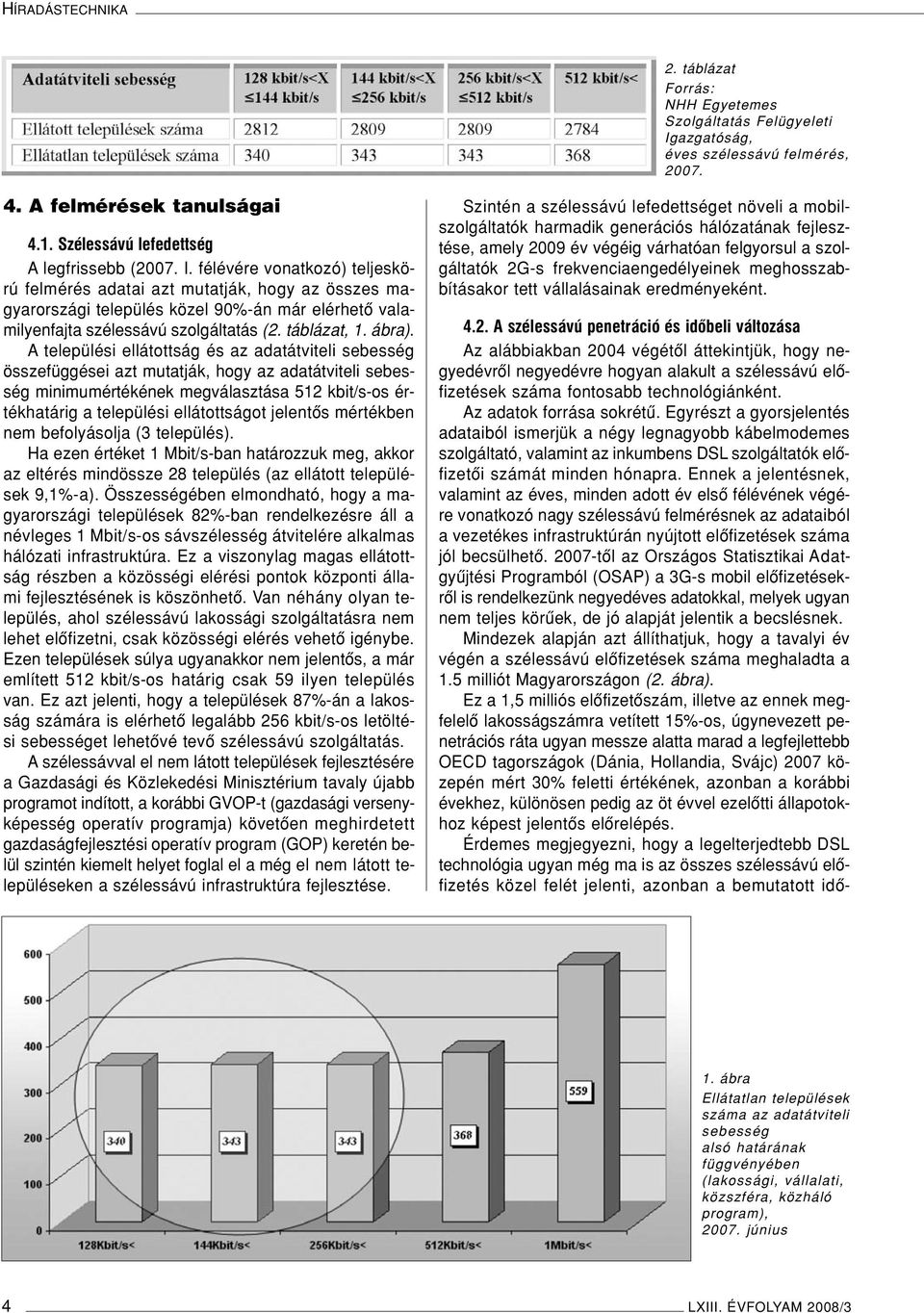 félévére vonatkozó) teljeskörú felmérés adatai azt mutatják, hogy az összes magyarországi település közel 90%-án már elérhetô valamilyenfajta szélessávú szolgáltatás (2. táblázat, 1. ábra).