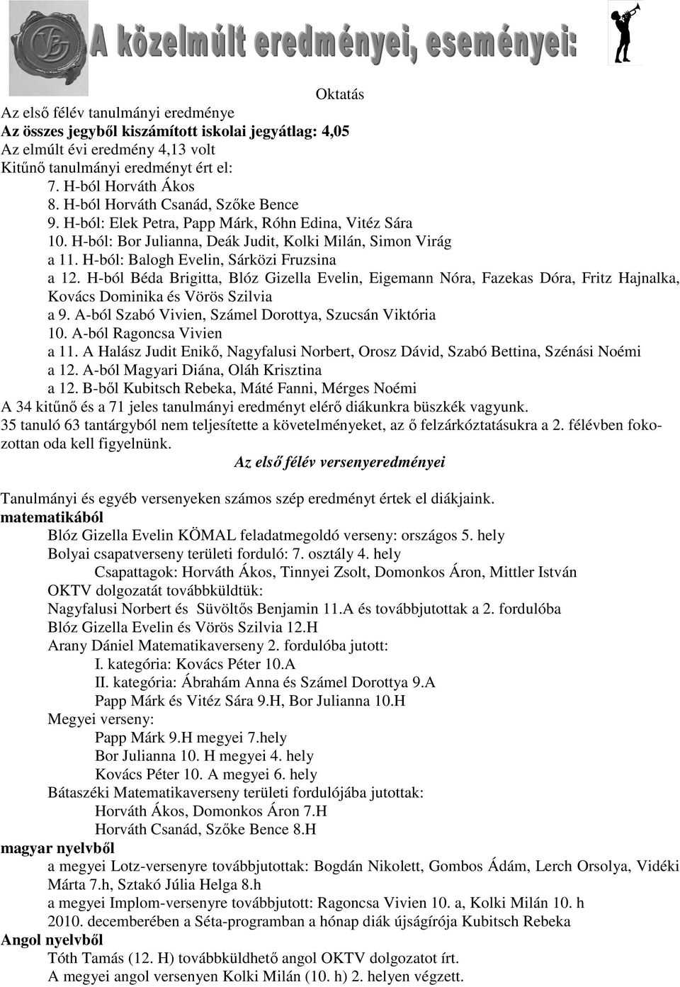 H-ból: Balogh Evelin, Sárközi Fruzsina a 12. H-ból Béda Brigitta, Blóz Gizella Evelin, Eigemann Nóra, Fazekas Dóra, Fritz Hajnalka, Kovács Dominika és Vörös Szilvia a 9.