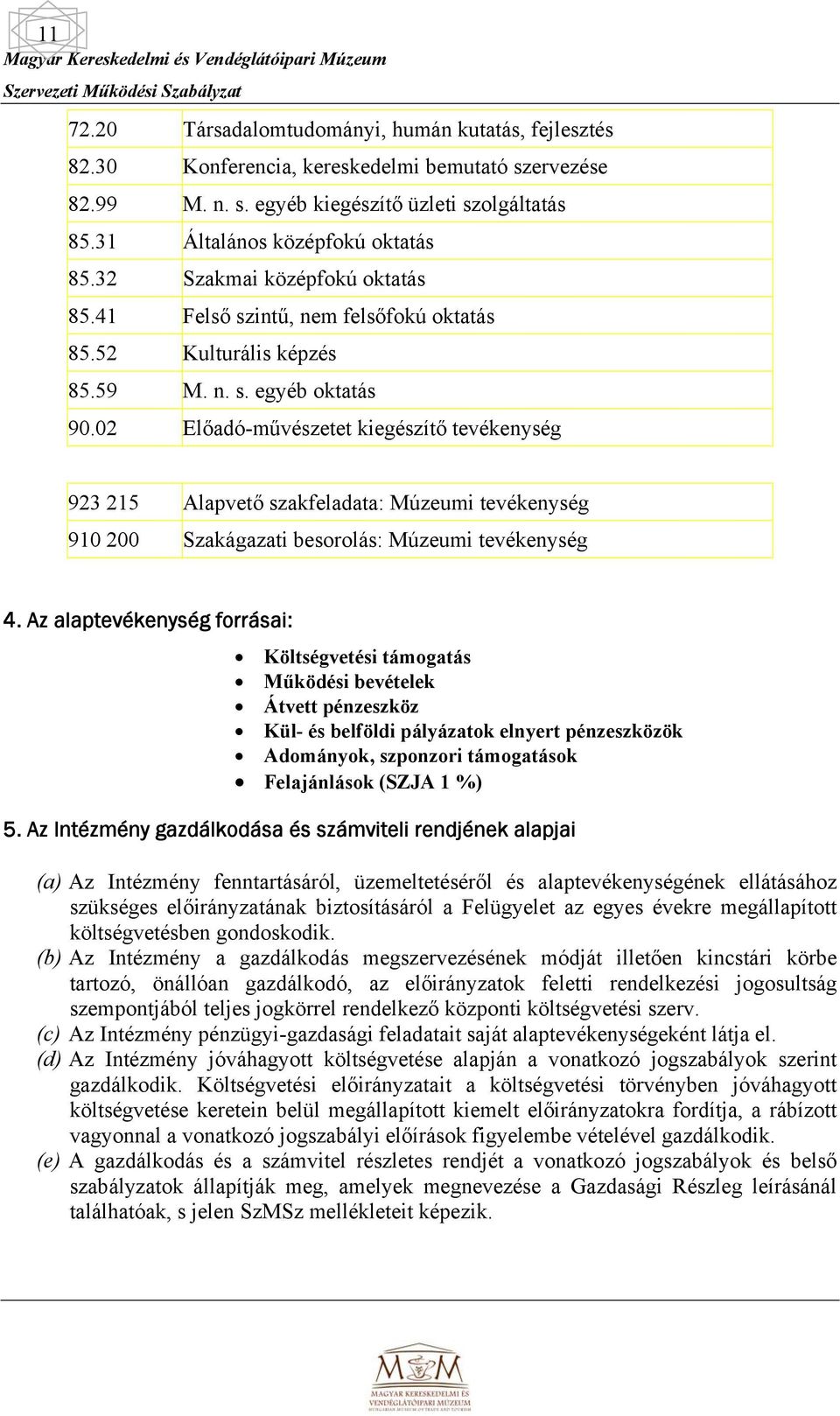 02 Előadó-művészetet kiegészítő tevékenység 923 215 Alapvető szakfeladata: Múzeumi tevékenység 910 200 Szakágazati besorolás: Múzeumi tevékenység 4.