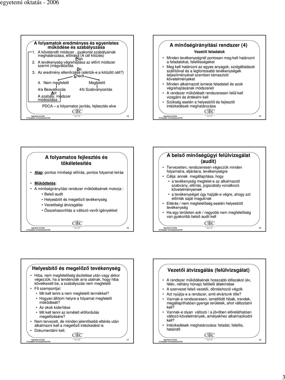 Nem megfelelő Megfelelő 4/a Beavatkozás 4/b Szabványosítás Act A szabály, módszer módosítása PDCA a folyamatos javítás, fejlesztés elve A minőségirányítási rendszer (4) Vezetői feladatok Minden