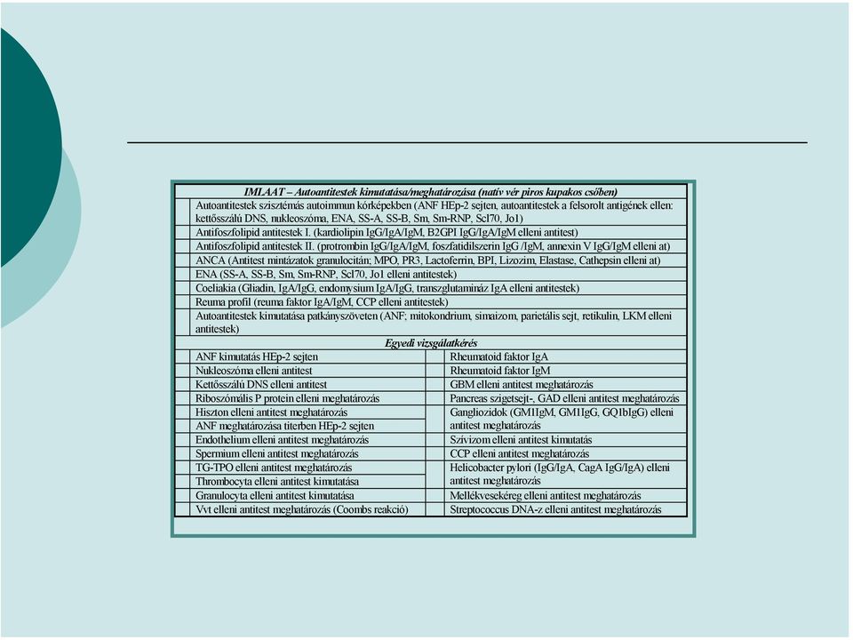 (protrombin IgG/IgA/IgM, foszfatidilszerin IgG /IgM, annexin V IgG/IgM elleni at) ANCA (Antitest mintázatok granulocitán; MPO, PR3, Lactoferrin, BPI, Lizozim, Elastase, Cathepsin elleni at) ENA