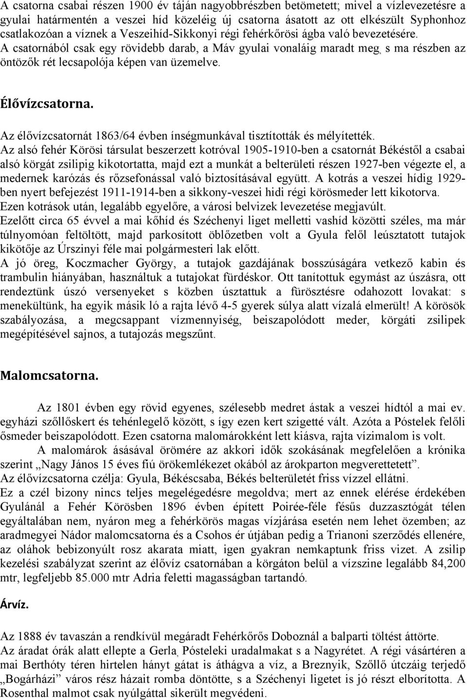 A csatornából csak egy rövidebb darab, a Máv gyulai vonaláig maradt meg, s ma részben az öntözők rét lecsapolója képen van üzemelve. Élővízcsatorna.