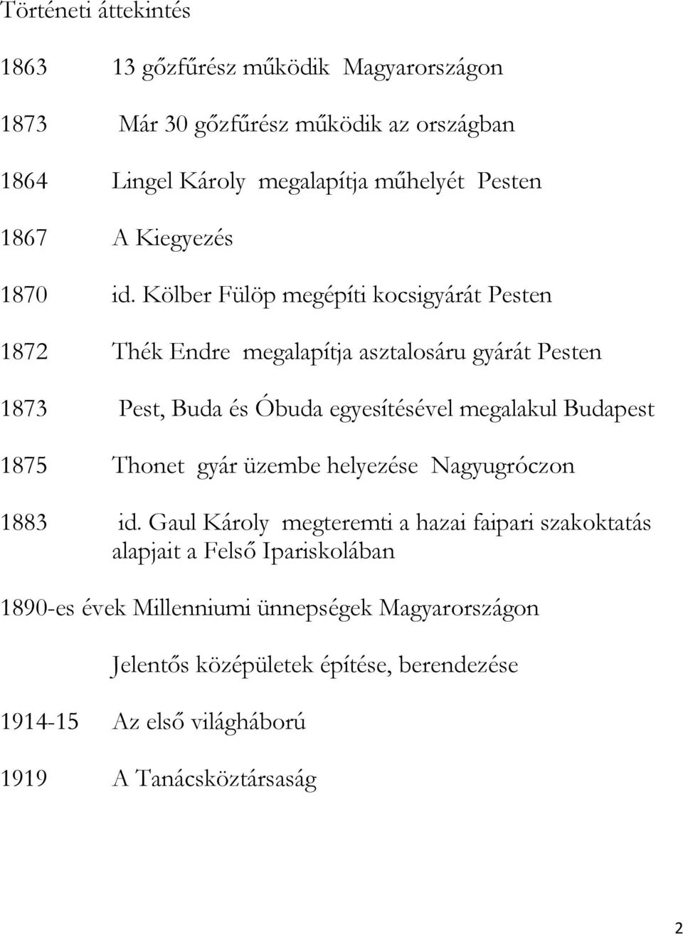 Kölber Fülöp megépíti kocsigyárát Pesten 1872 Thék Endre megalapítja asztalosáru gyárát Pesten 1873 Pest, Buda és Óbuda egyesítésével megalakul Budapest