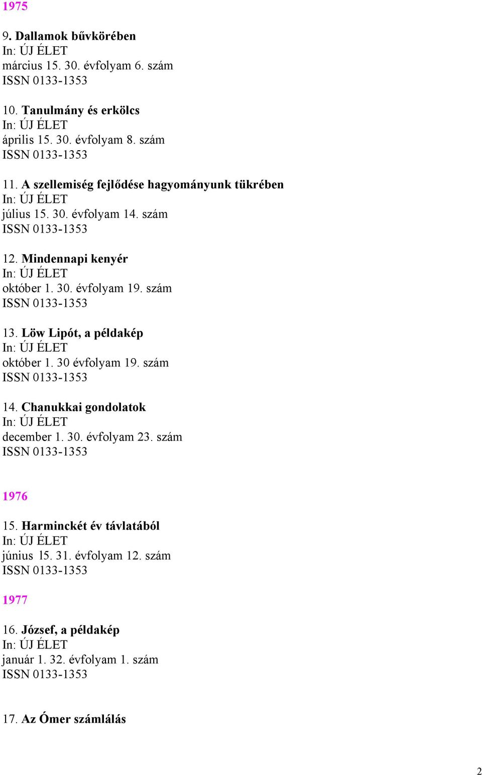 szám 13. Löw Lipót, a példakép október 1. 30 évfolyam 19. szám 14. Chanukkai gondolatok december 1. 30. évfolyam 23. szám 1976 15.